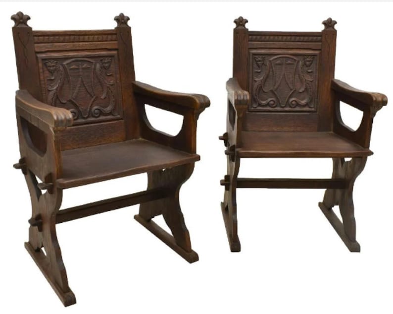 Antique American Renaissance Revival Carved Oak Armchair / Chair a Pair image 1