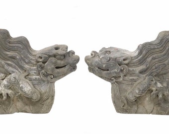 Antique Chinese Ming Dynasty Architectural Terracotta Roof Tile Figure Qilin Foo Dog Guardian Lion - Imperial Roof Decoration Statue Pair