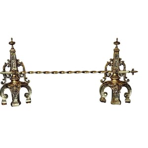 Antique French Victorian Renaissance Revival Andiron Pair Fender Bar Fireplace Set