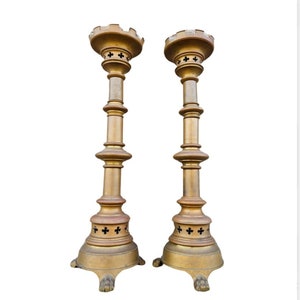 Antique Gothic Revival Bronze Church Altar Stick Candle Prickets Pair, 19th Century Candlesticks