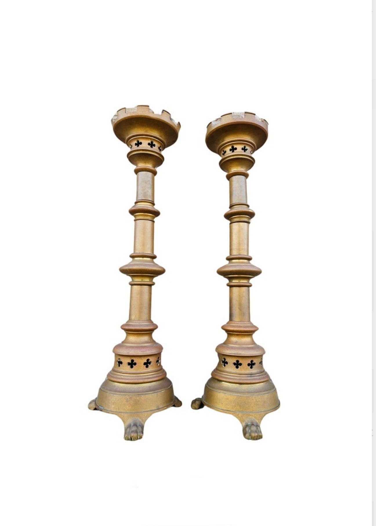 Antique Pair of Brass Ecclesiastical Gothic Claw Footed Pricket Candle  Holders (SOLD) - Antique Church Furnishings