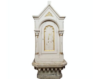 19th Century American Gothic Religious Carved Painted Gilt Wood Church Altar Tabernacle on Stand, Indiana, Ecclesiastical Antique