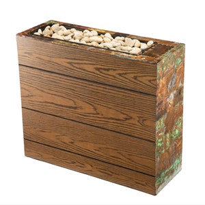 May include: A rectangular planter made of wood and metal with a rustic finish. The planter has a top layer of small white rocks.