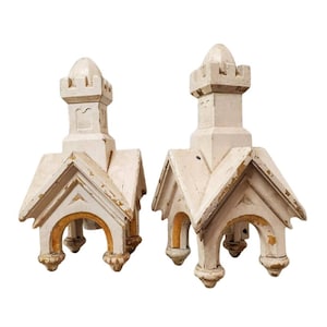 19th Century American Romanesque Gothic Revival Carved Painted Gilt Wood Religious Antique Tabernacle Church Wall Lamp Sconces, Indiana