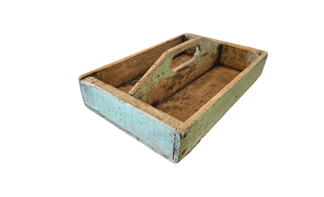 Rustic Antique Painted Wood Knife Box Utensil Holder Tool Tray Cutlery