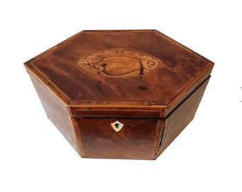 18th/19th Century English Georgian Period Mahogany Marquetry Inlaid Tea Caddy