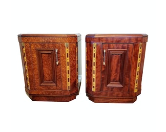 1930s French Art Deco Christian Krass Attrib Exotic Burlwood Nightstand Cabinets End Table Pair Jacques Emile Ruhlmann