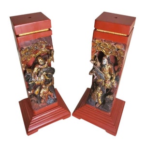 Vintage Chinese Red Lacquer Gilt Painted Hand Carved Wooden Figural Architectural Element Incense Burner Stand image 1