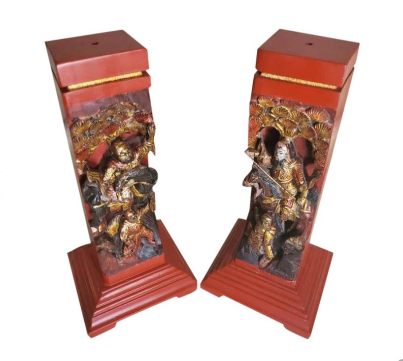 Vintage Chinese Red Lacquer Gilt Painted Hand Carved Wooden Figural Architectural Element Incense Burner Stand image 1