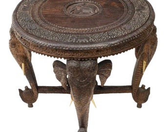 Antique Anglo-Indian Carved Elephant Head Sculptural Occasional Table / Coffee Table India Late 19th / Early 20th Century