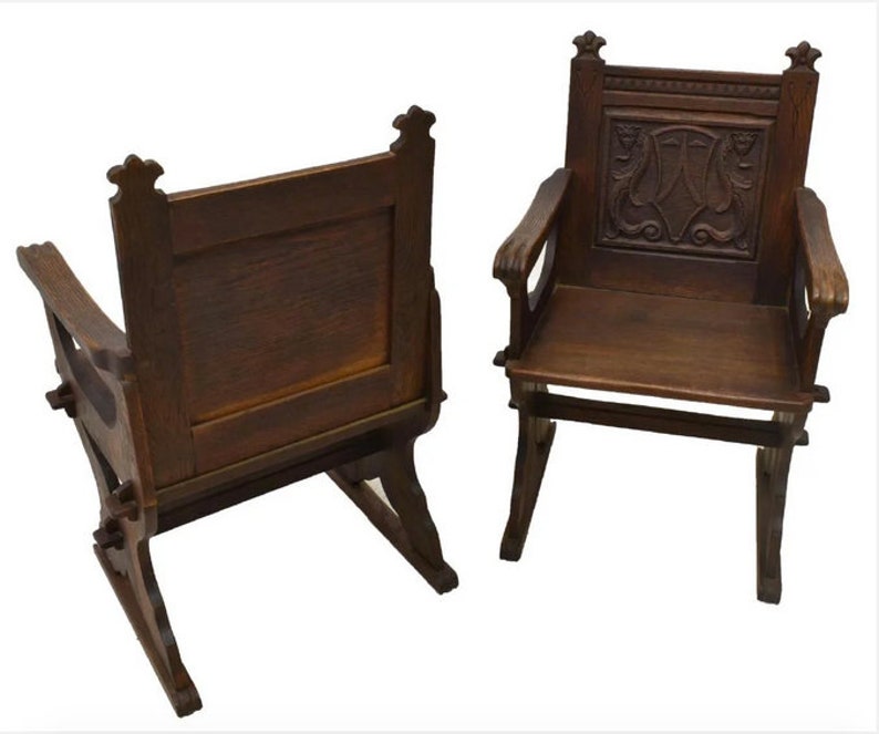 Antique American Renaissance Revival Carved Oak Armchair / Chair a Pair image 2