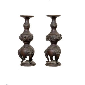 Antique Japanese Bronze Small Candlesticks Incense Holder Pair