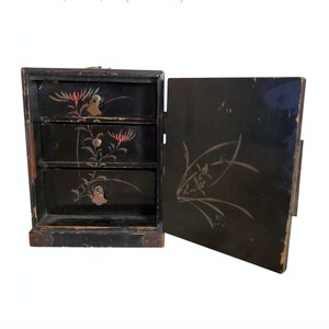 Antique Japanese Black Lacquered Hand Painted Wooden Table Box - Chest Of Drawers Jewelry Casket Cabinet  Late 19th / Early 20th Century