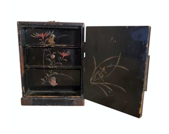 Antique Japanese Black Lacquered Hand Painted Wooden Table Box - Chest Of Drawers Jewelry Casket Cabinet  Late 19th / Early 20th Century