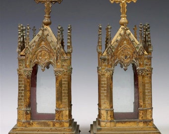 Antique Religious French Gothic Revival Gilt Bronze Cathedral Church Altar Reliquary Pair 19th Century Signed BC