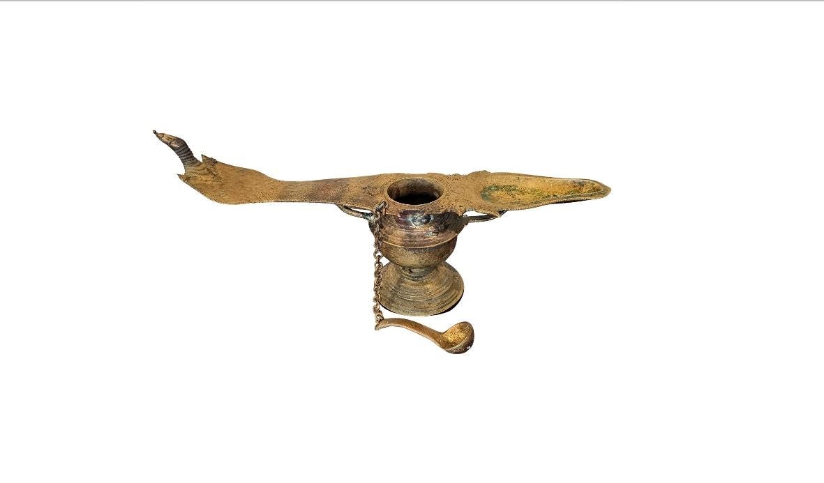 Antique Indian Brass Religious Changalvetta Hindu Ritual Oil Lamp with Attached Spoon 19th Century or Earlier South India
