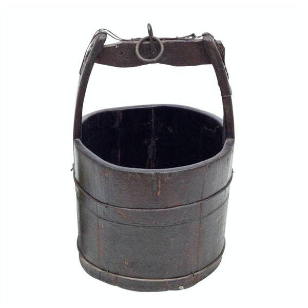 Rustic Antique Iron Bound Wooden Well Water Bucket from the 19th Century -  fruit bowl basket ice cooler wine chiller garden flower planter