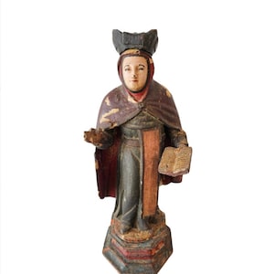 Large Antique Spanish Colonial Carved Polychrome Wood Santo Altar Figure Sculpture Saint Teresa of Avila 18th/19th Century