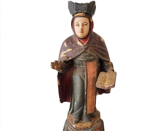 Large Antique Spanish Colonial Carved Polychrome Wood Santo Altar Figure Sculpture Saint Teresa of Avila 18th/19th Century