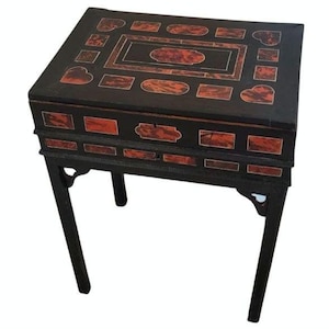 17th/18th Century Flemish or Dutch Antwerp Black Red Tortoiseshell Silverware Chest Document Box On Stand - Antique Lift-top Side Table