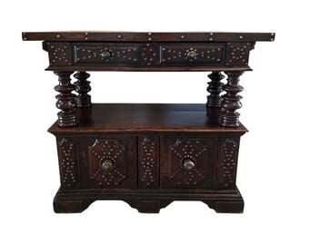 17th/18th Century Italian Brass Stud Carved Walnut Court Cupboard  Antique Medieval Renaissance Sideboard Sofa Table Console Credenza Buffet