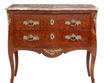 Antique French Louis XV Style Gilt Bronze Mounted Kingwood Parquetry Rouge Marble-Top Chest Of Drawers Commode Sauteuse