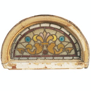 Antique French Victorian Architectural Stained Glass Panel Lunete Transom Window, Late 19th Century
