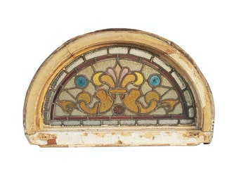 Antique French Victorian Architectural Stained Glass Panel Lunete Transom Window, Late 19th Century