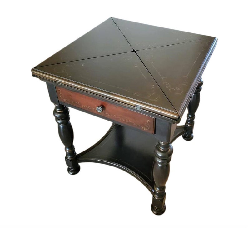 Seven Seas Collection by Hooker Furniture Morphing Envelope Cards Games Side Table, Ebonized Distressed Painted Rich Wine & Ox Blood Leather image 1