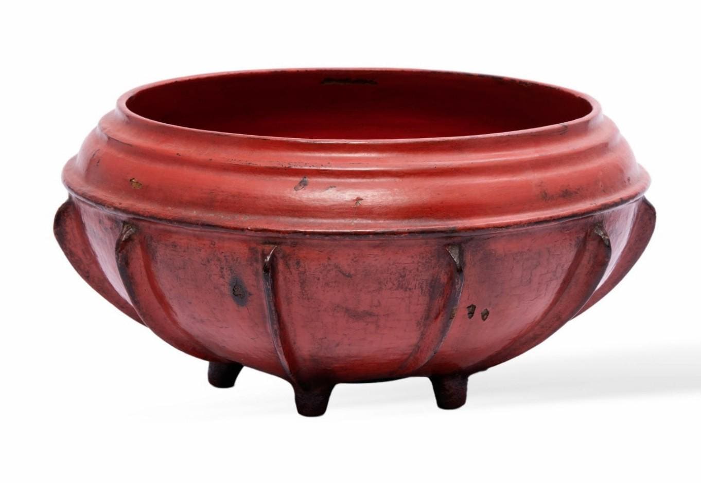 Large Antique Burmese Red Lacquered Bamboo Footed Offering Bowl - Buddhist Temple Monastery Altar Vessel