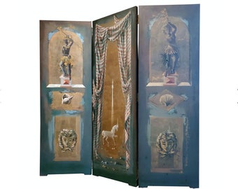 Rare Pierre-Adrien PA Ekman Hand Painted Folding Screen Wooden Panel Room Divider from Mid-Century Nice, France - Trompe L&#39;oeil Neoclassical