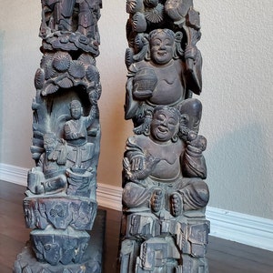 Antique Chinese Temple Relief Carved Wooden Architectural Corbel Bracket Building Element Pair of Statues image 2