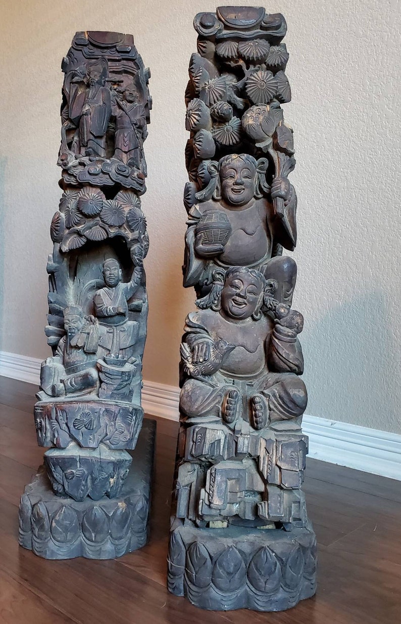 Antique Chinese Temple Relief Carved Wooden Architectural Corbel Bracket Building Element Pair of Statues image 2
