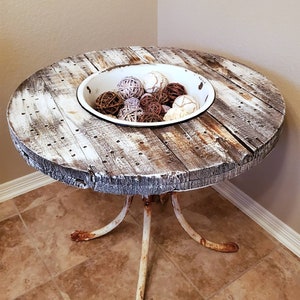 Rustic Farmhouse Bowl Round Folk Art Table - Antique Found Object Reclaimed Salvaged Wooden Reel Spool Center Flower Planter Wine Ice Bucket