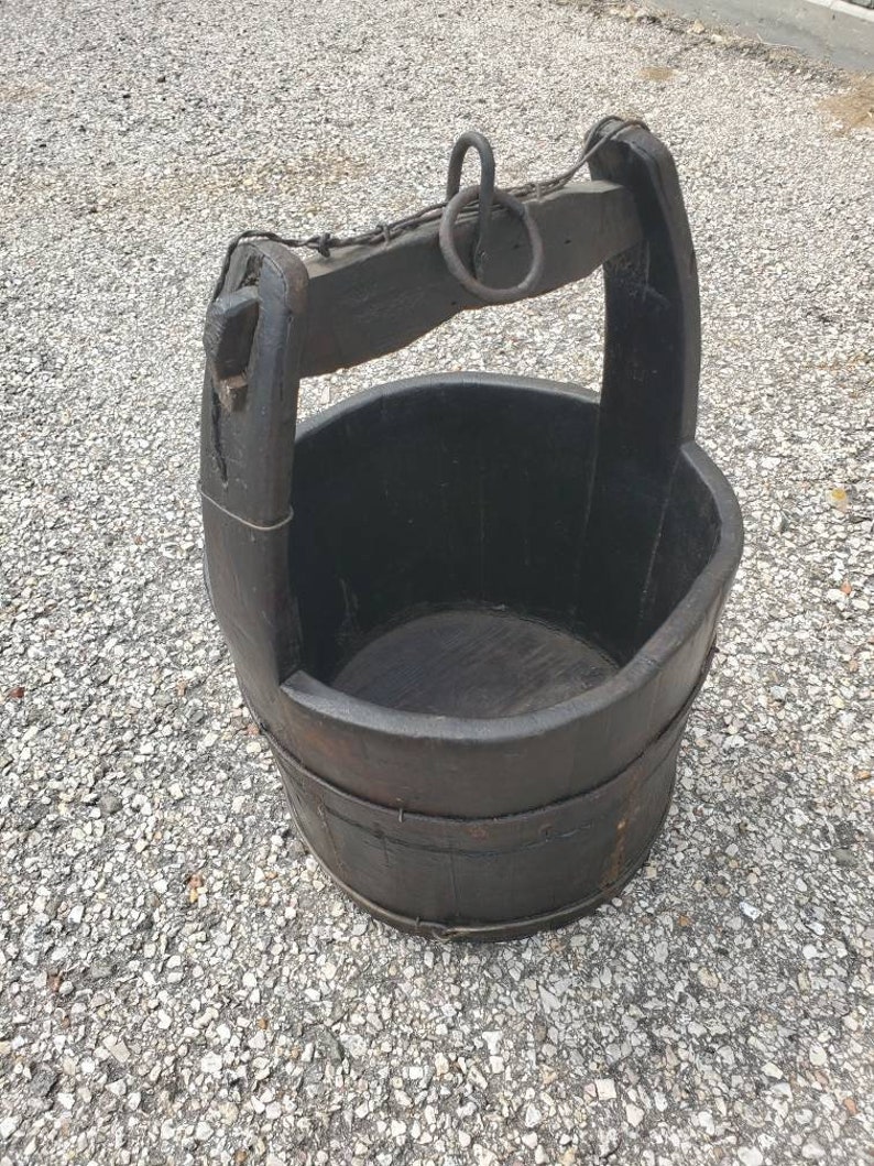 Rustic Antique Iron Bound Wooden Well Water Bucket From the Etsy
