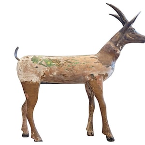 Large East African Folk Art 19th / Early 20th Century Carved Polychrome Painted Wood & Bronze Antelope Deer Sculpture / Antique Statue