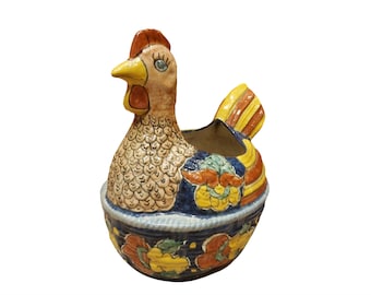 Vintage Mexican Folk Art Rooster/Hen Talavera Ceramic and Painted Garden Pot / Planter
