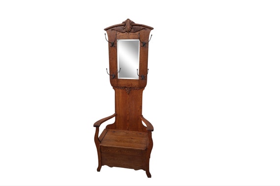 Antique Arts Crafts Tiger Oak Hall Tree Chair With Mirror Etsy