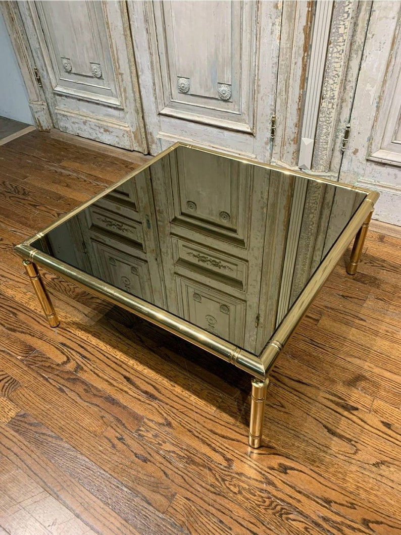 Mid-Century French Brass Faux Bamboo Smoked Mirror Glass Coffee Table image 5