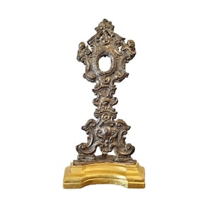 Antique Italian Baroque Silvered Metal-clad Gilt Wood Religious Relic Monstrance Reliquary Shrine