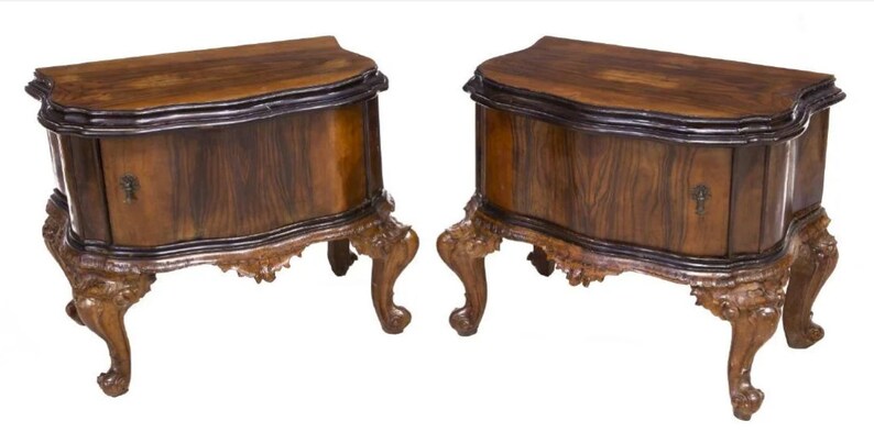 Vintage Venetian Baroque Hand Carved Highly Figured Burl Walnut Bedside Cabinet / End Table Pair image 5