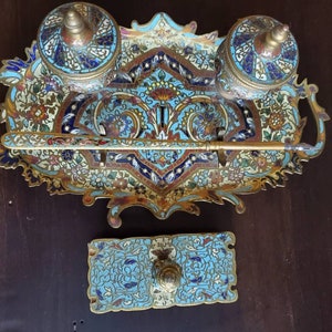 19th Century French Enameled Champleve Gilt-Bronze Inkstand Tray Desk Set Double Inkwell, Dip Pen, Rocker Blotter image 3