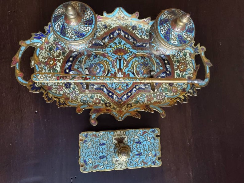 19th Century French Enameled Champleve Gilt-Bronze Inkstand Tray Desk Set Double Inkwell, Dip Pen, Rocker Blotter image 3