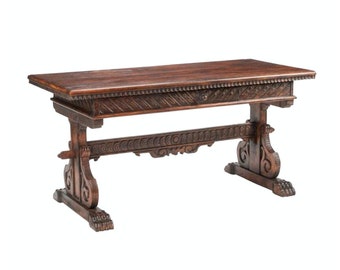 Antique Portuguese Renaissance Revival Carved Walnut Trestle Table, 19th Century, Rustic Iberian / European Writing Desk Library Table