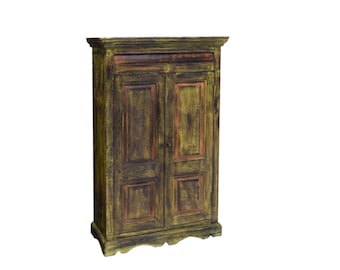 Antique Dutch Colonial Yellow Polychrome Painted Teak Wood Two Door Cabinet Kitchen Cupboard 19th Century