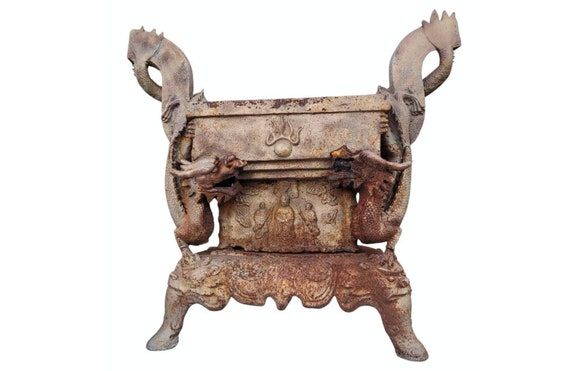 19th Century Asian Temple Cast Iron Figural Dragon Garden Planter Box Jardiniere Outdoor Sculpture