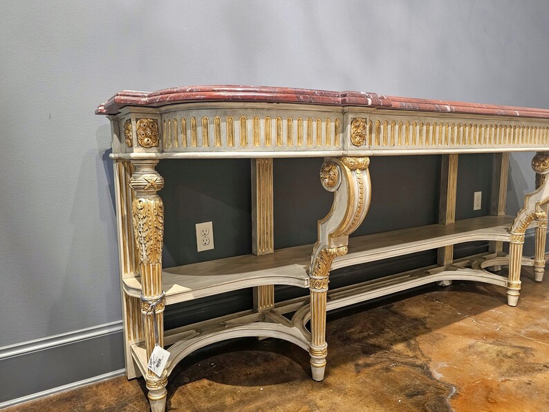 Large Vintage French Louis XVI Style Painted Parcel Gilt Console Table Sideboard Server image 4