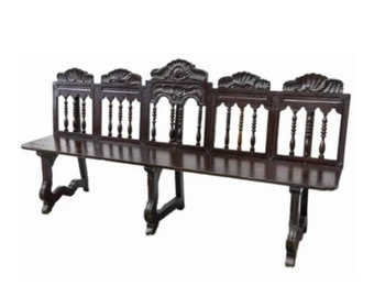 Rustic 18th Century Spanish Hand Carved Walnut Spindle Back 83" Long Bench - rare distressed old world European antique