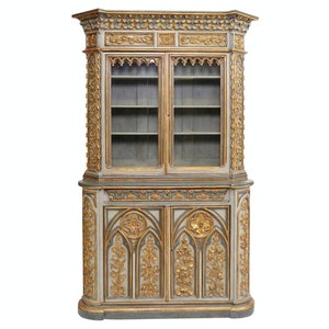 Stunning Monumental Antique Gothic Revival Bookcase Carved Painted Giltwood French Bibliotheque Glass Door Vitrine Buffet China Cabinet