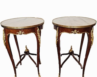 Fine French Louis XV Style Doré Bronze Ormolu Mounted Kingwood Side Table Pair w/ Round Carrera Marble Top After Francois Linke Léon Messagé